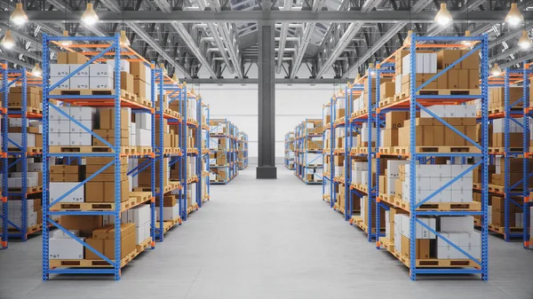 Warehouse with cardboard boxes inside on pallets racks, logistic — Stock Photo, Image