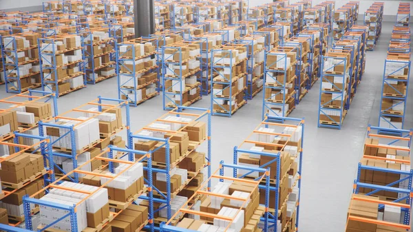 Warehouse with cardboard boxes inside on pallets racks, logistic — Stock Photo, Image