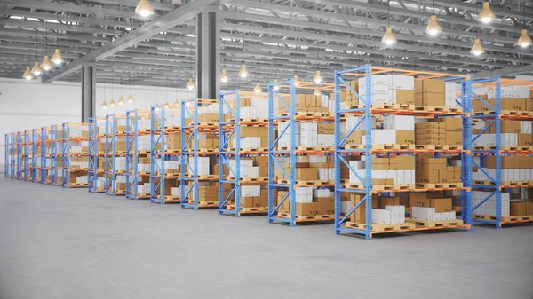 Warehouse with cardboard boxes inside on pallets racks, logistic — Stok Foto