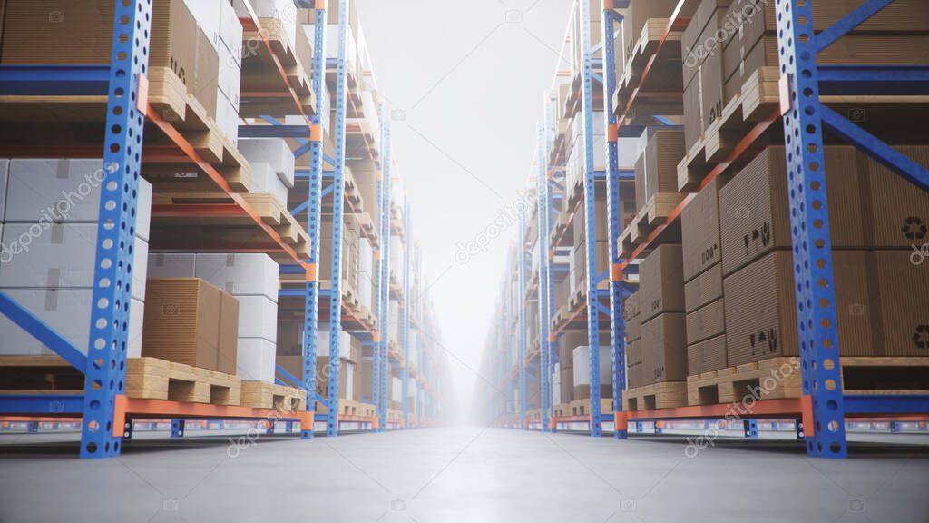 Warehouse with cardboard boxes inside on pallets racks, logistic