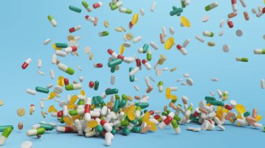 Düşen haplar, mavi arka planda kapsüller. Yığınla renkli hap. Dönen tabletler bir tepe oluşturuyor. İlaç sanayisi. Sağlık hizmeti konsepti. Eczane ürünü, 3D illüstrasyon.