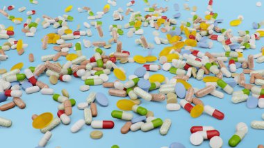 Birçok farklı renkli tablet, mavi arka planda kapsüller. Sağlık hizmeti konsepti. Hapların içinde antibiyotikler, vitaminler. Eczaneden gelen eşyalar. İlaç şirketi, endüstri, 3 boyutlu illüstrasyon.