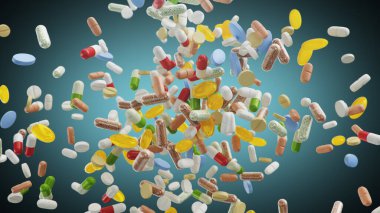 Uçma, düşme hapları. Farklı renkli tabletler, kapsüller. Sağlık hizmeti konsepti. Hapların içinde antibiyotikler, vitaminler. Eczaneden alınmış. İlaç şirketi, endüstri, 3 boyutlu illüstrasyon.