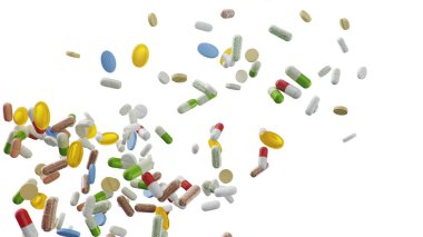 Uçma, düşme hapları. Farklı renkli tabletler beyaz arkaplanda izole edilir. Sağlık hizmeti konsepti. Hapların içinde antibiyotikler, vitaminler. Eczaneden alınmış. İlaç şirketi, endüstri, 3D