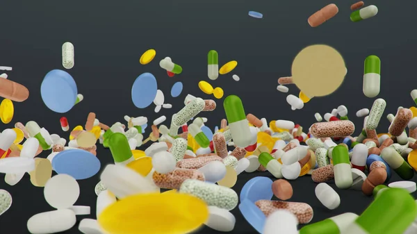 Upadek różnych kolorowych tabletek, kapsułki na czarnym tle. Koncepcja opieki zdrowotnej. Antybiotyki w tabletkach, witaminy. Produkt z apteki. Firma farmaceutyczna, przemysł, ilustracja 3D — Zdjęcie stockowe