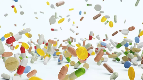 Upadek różnych kolorowych tabletek, kapsułki na białym tle. Koncepcja opieki zdrowotnej. Antybiotyki w tabletkach, witaminy. Produkt z apteki. Firma farmaceutyczna, przemysł, ilustracja 3D — Zdjęcie stockowe
