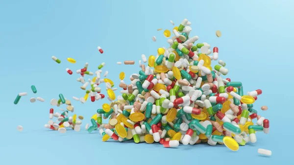 Padající pilulky, kapsle na modrém pozadí. Hromada barevných pilulek. Rotující tablety tvoří kopec. Farmaceutický průmysl. Koncept zdravotní péče. Výrobek z lékárny, 3D ilustrace — Stock fotografie