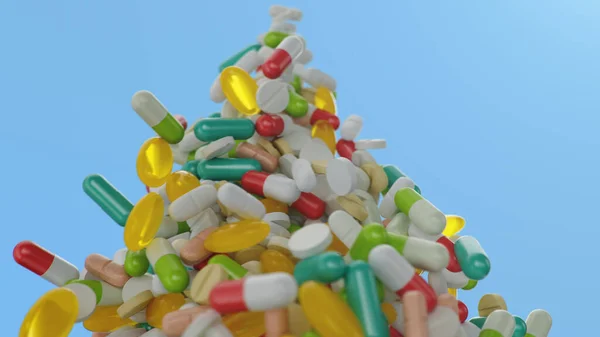 Fallende Pillen, Kapseln auf blauem Hintergrund. Haufenweise bunte Pillen. Die rotierenden Tabletten bilden einen Hügel. Pharmaindustrie. Gesundheitskonzept. Produkt aus der Apotheke, 3D-Illustration — Stockfoto