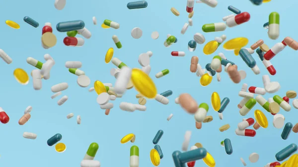 Fliegende, fallende Pillen. Tabletten in verschiedenen Farben, Kapseln. Gesundheitskonzept. Antibiotika in Pillen, Vitamine. Produkt aus der Apotheke. Pharmaunternehmen, Industrie, 3D-Illustration — Stockfoto