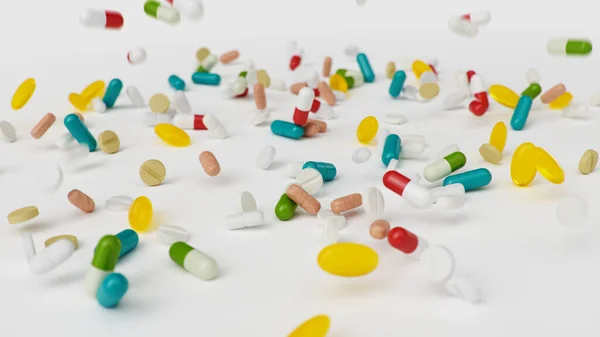 Wiele różnych kolorowych tabletek, kapsułki izolować na białym tle. Koncepcja opieki zdrowotnej. Antybiotyki w tabletkach, witaminy. Towary z apteki. Firma farmaceutyczna, przemysł, ilustracja 3D — Zdjęcie stockowe