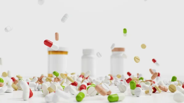 Tabletki na podłodze ze słoikami, różne kolorowe tabletki, kapsułki. Koncepcja opieki zdrowotnej. Antybiotyki w tabletkach, witaminy. Produkt z apteki. Firma farmaceutyczna, przemysł, ilustracja 3D — Zdjęcie stockowe