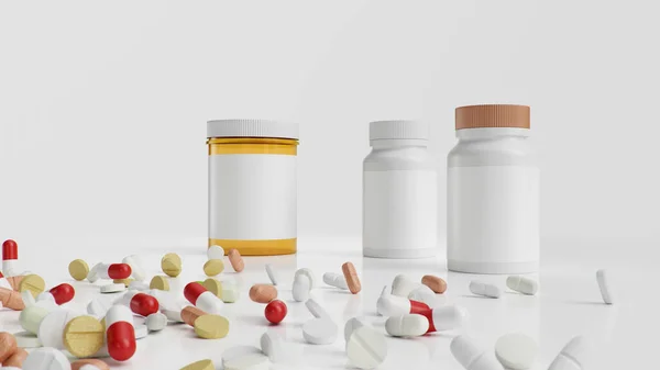 Pillen auf dem Boden mit Gläsern, verschiedenfarbigen Tabletten, Kapseln. Gesundheitskonzept. Antibiotika in Pillen, Vitamine. Produkt aus der Apotheke. Pharmaunternehmen, Industrie, 3D-Illustration — Stockfoto