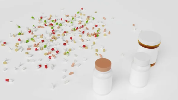 Tabletki na podłodze ze słoikami, różne kolorowe tabletki, kapsułki. Koncepcja opieki zdrowotnej. Antybiotyki w tabletkach, witaminy. Produkt z apteki. Firma farmaceutyczna, przemysł, ilustracja 3D — Zdjęcie stockowe