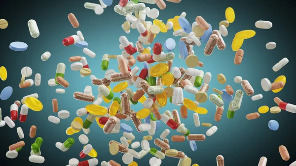 Flygande, fallande piller. olika färgade tabletter, kapslar. Sjukvårdskoncept. Antibiotika inuti piller, vitaminer. Produkt från apoteket. Läkemedelsföretag, industri, 3d illustration — Stockfoto