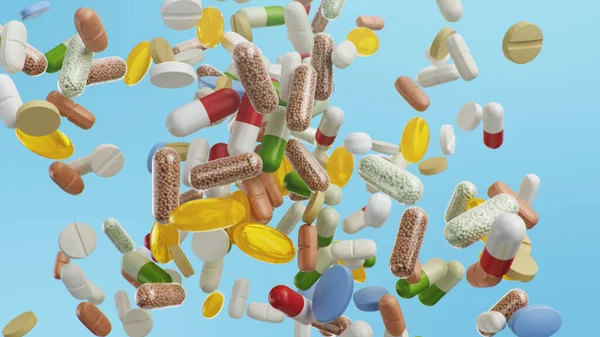 Fliegende, fallende Pillen. Tabletten in verschiedenen Farben, Kapseln. Gesundheitskonzept. Antibiotika in Pillen, Vitamine. Produkt aus der Apotheke. Pharmaunternehmen, Industrie, 3D-Illustration — Stockfoto