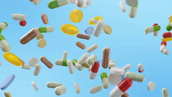 Fliegende, fallende Pillen. Tabletten in verschiedenen Farben, Kapseln. Gesundheitskonzept. Antibiotika in Pillen, Vitamine. Produkt aus der Apotheke. Pharmaunternehmen, Industrie, 3D-Illustration — Stockfoto
