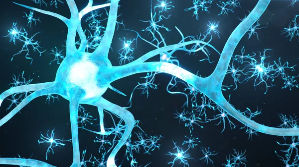 Konceptuell illustration av neuronceller skickar en elektrisk laddning för att överföra information. Hjärnforskning. Sammankopplade nervceller. Neuroner sinsemellan skickar elektrisk impuls, 3D-illustration — Stockfoto
