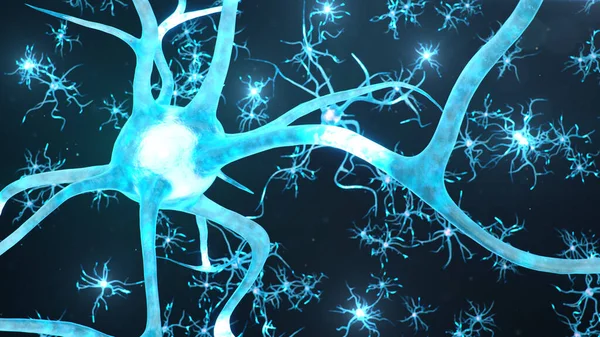 Conceptual illustration of neuron cells send an electrical charge for transmit information. Brain research. Interconnected neurons. Neurons between themselves send electric impulse, 3d illustration