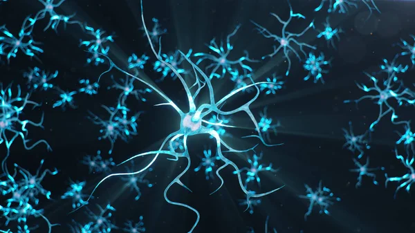 Conceptual illustration of neuron cells send an electrical charge for transmit information. Brain research. Interconnected neurons. Neurons between themselves send electric impulse, 3d illustration — Stock Photo, Image