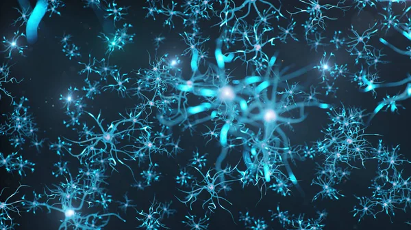 L'illustrazione concettuale delle cellule neuronali invia una carica elettrica per trasmettere informazioni. Ricerche sul cervello. neuroni interconnessi. I neuroni tra di loro inviano impulso elettrico, illustrazione 3d — Foto Stock