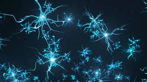 Abstraktní nervové buňky. Synapse a neuronální buňky vysílají elektrické chemické signály. Informace o přenosu. Neuron propojených neuronů s elektrickými impulsy, 3D ilustrace — Stock fotografie