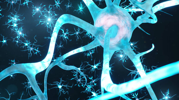 Abstract neural cells. Synapses and neuronal cells send electrical chemical signals. Transmission information. Neuron of Interconnected neurons with electrical pulses, 3d illustration