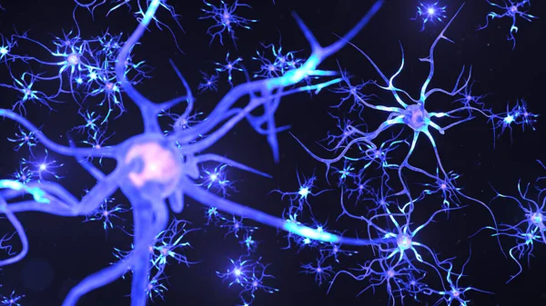 Begreppet artificiell intelligens. AI-neuron. Konstgjord neurala nätverk teknik vetenskap. Neuron av sammankopplade neuroner med elektriska impulser. Överföring av information, 3D-illustration — Stockfoto