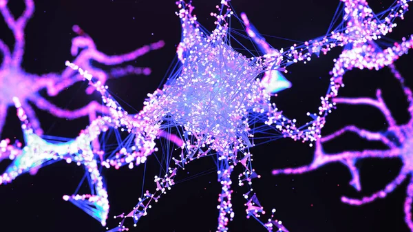 Concepto de inteligencia artificial. Neurona AI. Ciencia de la tecnología de redes neuronales artificiales. Neurón de neuronas interconectadas con impulsos eléctricos. Transmisión de información, ilustración 3d —  Fotos de Stock