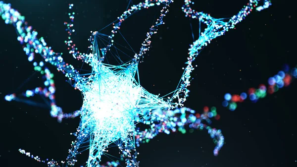 Células neuronales abstractas. Neurona AI. Ciencia de la tecnología de redes neuronales artificiales. Las sinapsis y células neuronales envían señales eléctricas. Informática en la nube, transmisión de información, ilustración 3d — Foto de Stock