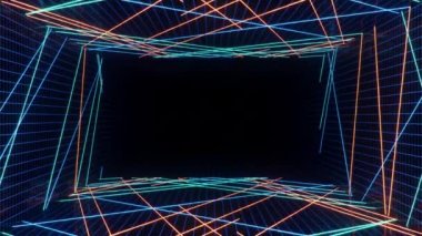 Soyut, dikişsiz, neonun 3D animasyonu, floresan ultraviyole ışık, ileri gidiyor. Fütürist koridorda uçuyor. İçini aydınlatan neon ışıkları. Tasarım projeniz için bir model.