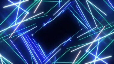 Soyut, dikişsiz, neonun 3D animasyonu, floresan ultraviyole ışık, ileri gidiyor. Fütürist koridorda uçuyor. İçini aydınlatan neon ışıkları. Tasarım projeniz için bir model.