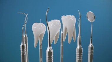 Sağlıklı diş döndürme animasyonu. Diş aletli dişler. Diş fırçası, bakım ve bakım kavramı. Sözlü bakım kavramı. Diş beyazlatma. Kusursuz, döngüye tabi tıbbi 4K 3D animasyon