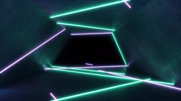 Astratto senza soluzione di continuità loop animazione 3d di neon, luce ultravioletta fluorescente, andando avanti. Volare in un corridoio futuristico. Luci al neon che illuminano l'interno. Mockup per il tuo progetto di design. — Video Stock