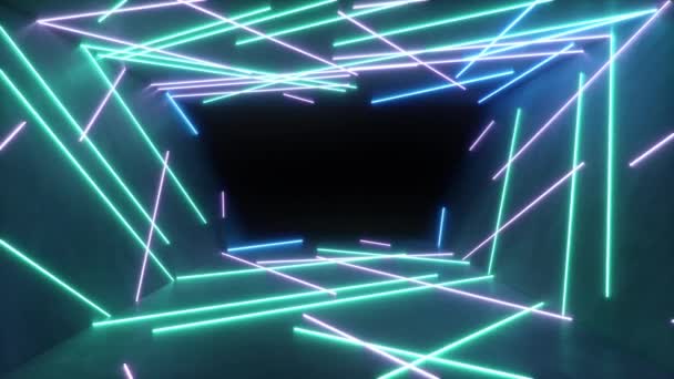 Abstraktní bezešvé smyčkové 3D animace neonového, fluorescenčního ultrafialového světla, pohybující se vpřed. Létání v futuristické chodbě. Neonová světla, která osvětlují vnitřek. Mockup pro váš projekt návrhu. — Stock video