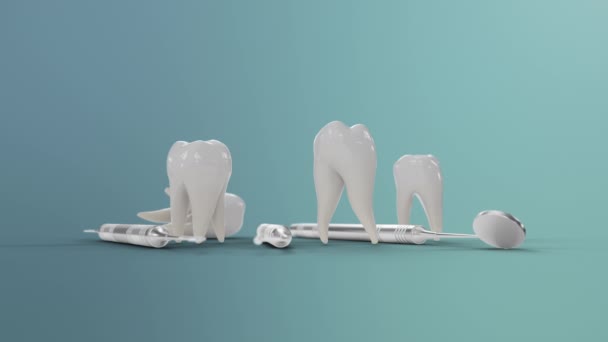 Gezonde tanden rotatie animatie. Tanden met tandheelkundig gereedschap. Concept van tandenborstelen, verzorging en bescherming tegen cariës. Concept mondverzorging. Het bleken van tanden. Medische 4K 3D Animatie — Stockvideo
