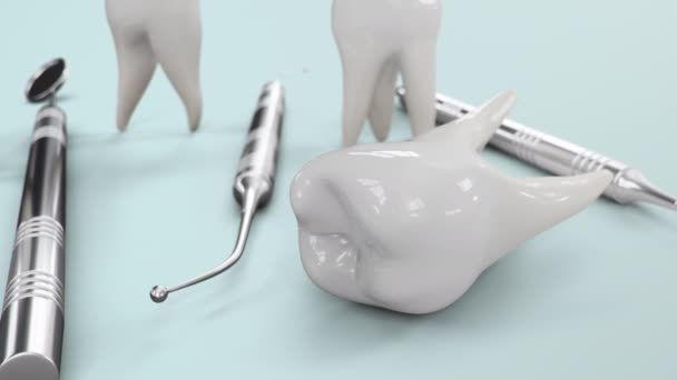 健康な歯の回転アニメーション.歯は歯の道具で。歯ブラッシング、ケアとキャリーに対する保護の概念。コンセプトオーラルケア。歯が白くなる。医療用4K 3Dアニメーション — ストック動画