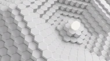 Animasyon soyut beyaz altıgenler yukarı aşağı hareket ediyor. Ortasında altı köşeli altıgen olan poligon yüzeyi, altıgen bal peteği. İş sunumu için fütüristik soyut arka plan. Döngülü 4k UHD