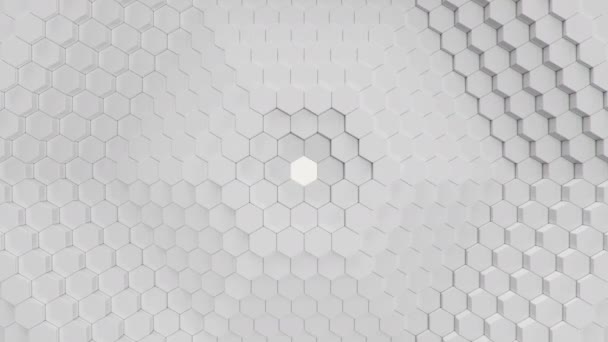 Animație hexagoane albe abstracte care se mișcă în sus, în jos. Suprafața poligonului cu hexagon luminos în centru, fagure de miere hexagonal. Fundal abstract futurist pentru prezentarea de afaceri. Looped 4k UHD — Videoclip de stoc