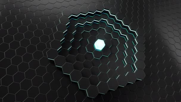 Animação hexágonos futuristas abstratos movendo-se para cima, para baixo. Superfície de polígono com hexágono luminoso no centro, favo de mel hexagonal. Antecedentes de tecnologia de ficção científica para apresentação de negócios. Looped 4k — Vídeo de Stock