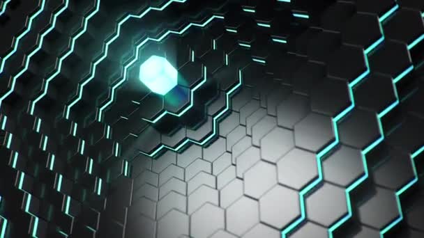 Hexagones futuristas abstractos de animación subiendo, bajando. Superficie poligonal con hexágono luminoso en el centro, panal hexagonal. Experiencia en tecnología de ciencia ficción para la presentación de negocios. Lazo 4k — Vídeo de stock