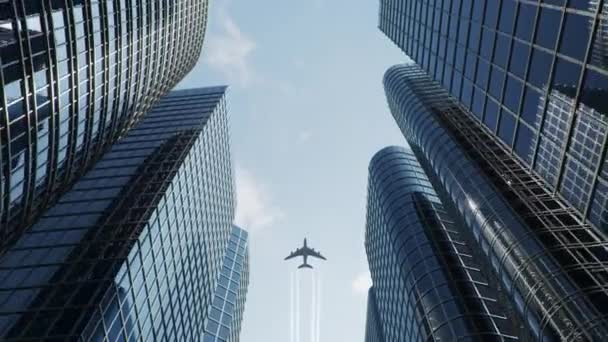 Самолет летит над бизнес-центром небоскребов. Вид снизу на небоскребы с летящим самолетом в яркий солнечный день, деловой район. Успех бизнес-концепции. 3D анимация 4k, UHD — стоковое видео