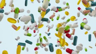 Animasyon yavaş çekim uçuşu, düşen haplar. Renkli haplar, kapsüller. Sağlık hizmeti konsepti. Hapların içinde antibiyotikler, vitaminler. Eczaneden alınmış. İlaç şirketi, endüstri, 3 boyutlu animasyon.