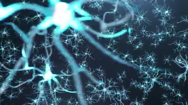 Neuroni di animazione nel cervello.Sinapsi e cellule del neurone che inviano segnali chimici elettrici. Attività degli impulsi elettrici sinapsi, assoni, neurotrasmettitori, dendriti nel cervello, Animazione 3D — Video Stock