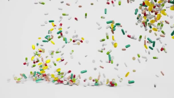 Animación de movimiento giratorio de tabletas como un tornado. Cápsulas de colores. Píldoras de antibióticos, vitaminas. Producto de la farmacia. Empresa farmacéutica, industria. Animación 3D 4K UHD — Vídeos de Stock