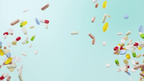 Slow motion animation, pills collide into each other in flight.  Multi-colored capsules and tablets: antibiotics, vitamins, dietary  supplements. Population health care concept, 4k 3D Animation — Stock Video  © Rost9 #408658162
