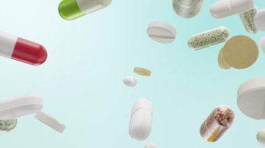 Animasyon yavaş çekim uçuşu, düşen haplar. Renkli haplar, kapsüller. Sağlık hizmeti konsepti. Hapların içinde antibiyotikler, vitaminler. Eczaneden alınmış. İlaç şirketi, endüstri, 3 boyutlu animasyon.