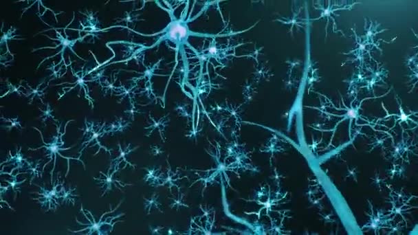Анимационные нейроны в мозгу. Синапс и нейронные клетки посылают электрические химические сигналы. Синапсы электрических импульсов, аксоны, нейромедиаторы, дендриты в мозгу, 4К 3D анимация — стоковое видео
