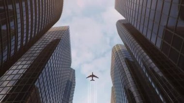 Gökdelenlerin iş merkezi üzerinde uçak uçuşu. Gün batımında uçan bir uçakla gökdelenlerin en alt manzarası, iş bölgesi. Başarı konsepti. 3B animasyon 4k UHD