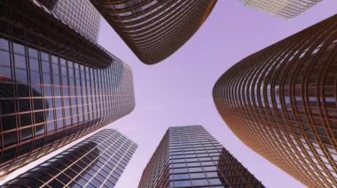 Gökdelenlerin iş merkezi üzerinde uçak uçuşu. Gün batımında uçan bir uçakla gökdelenlerin en alt manzarası, iş bölgesi. Başarı konsepti. 3B animasyon 4k UHD