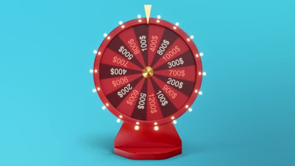 Roterande rött hjul tur eller förmögenhet på blå bakgrund. Framifrån. Vann tusen dollar. Spel, lotteri. Lyckohjul med alfakanal. 3840x2160, 4K 3D-animering — Stockvideo